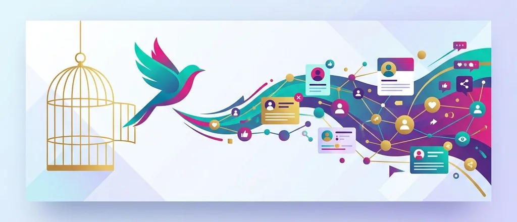 Abstract illustration of a bird escaping a cage into the open web